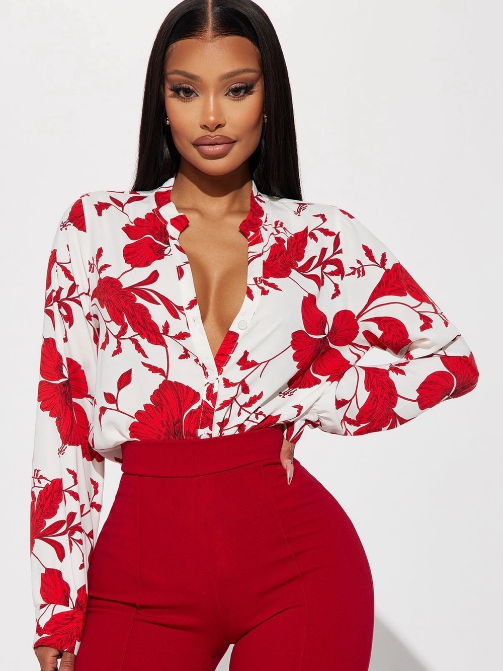 Fashion Nova White Button-Down Top with Red Floral Print